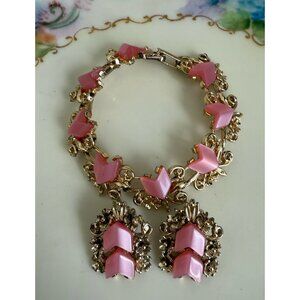 Vintage 60's Pink Thermoset Chevron Shaped Bracelet and Earring Set